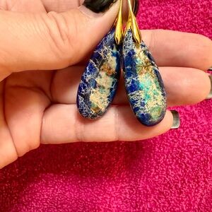 Blue Jasper Stone and Gold Teardrop Earrings